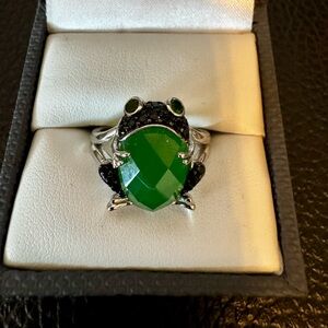 Green Onyx Black Spinel Chrome Diopside Rhodium Sterling Frog Ring. Sz 7.